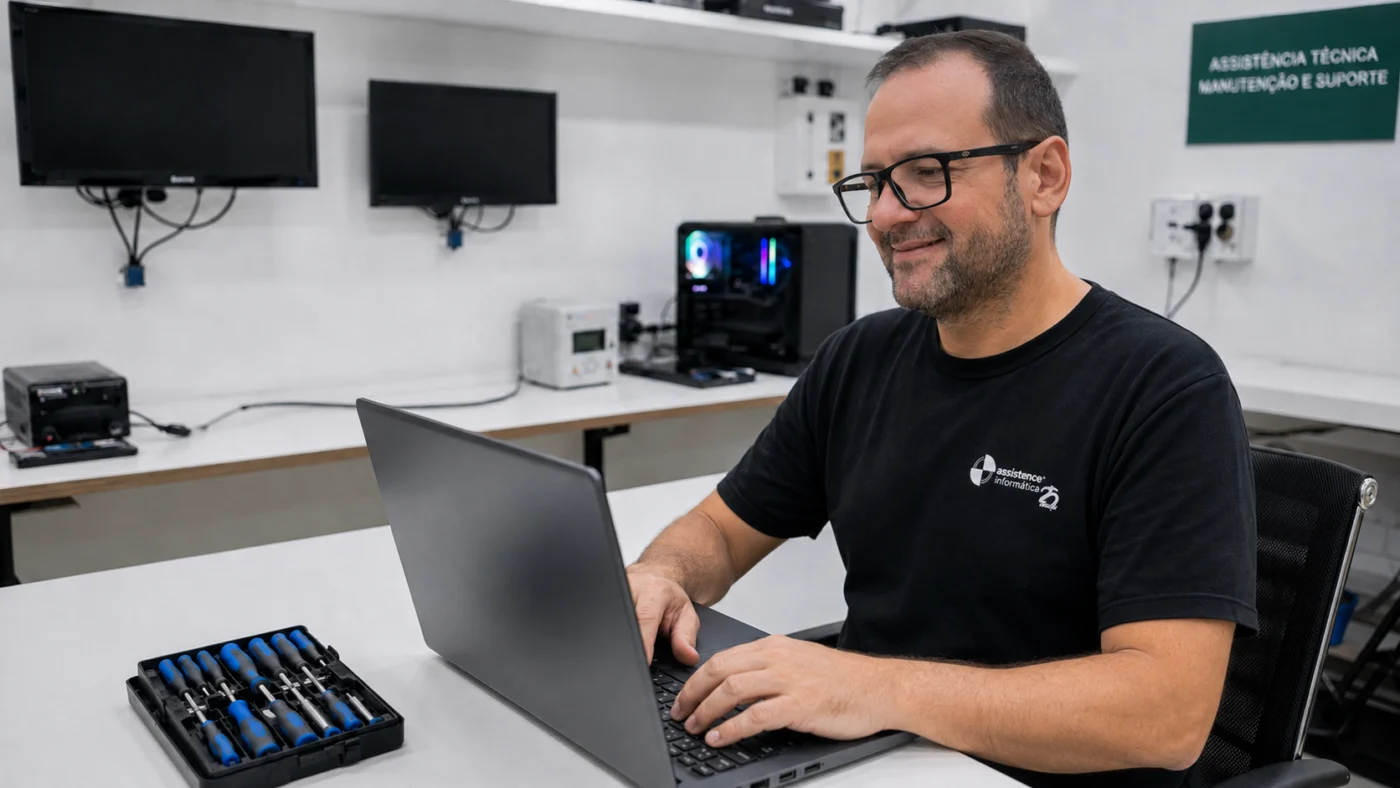 Técnico da Assistence Informática realizando manutenção em computador