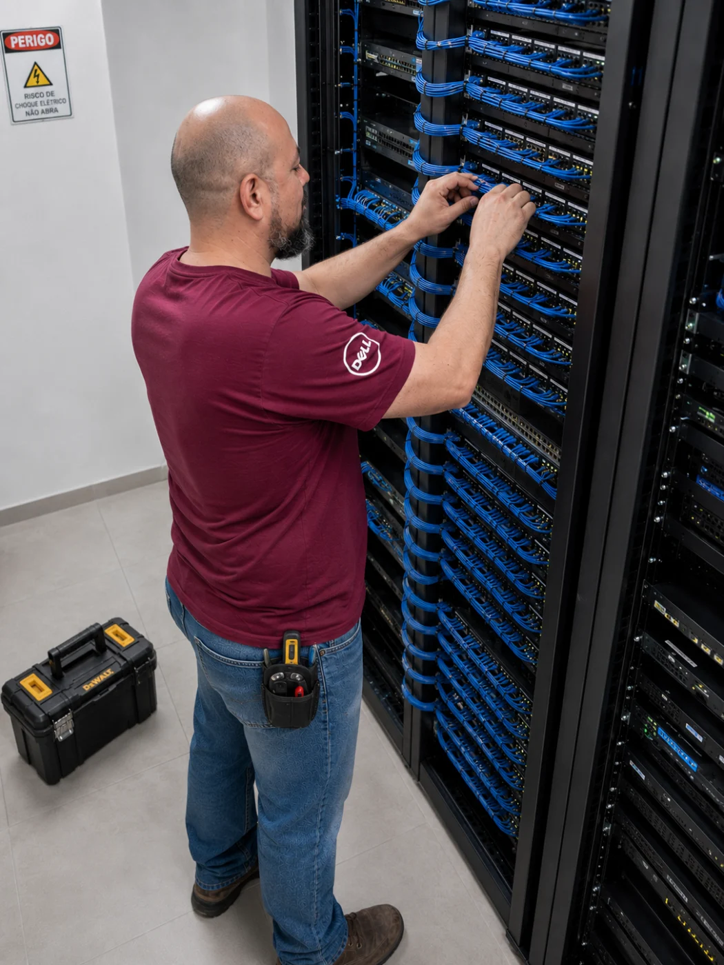 Técnico da Assistence Informática instalando cabeamento estruturado